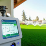 Smart irrigation system controlling water sprinklers in green residential garden