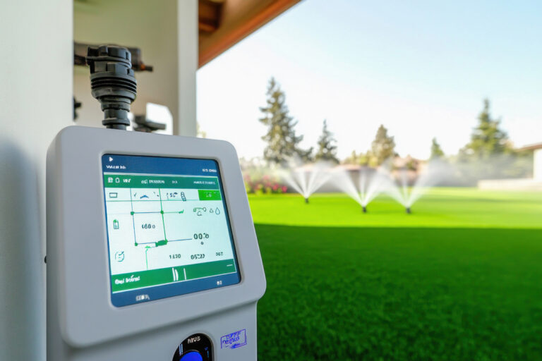 Smart irrigation system controlling water sprinklers in green residential garden